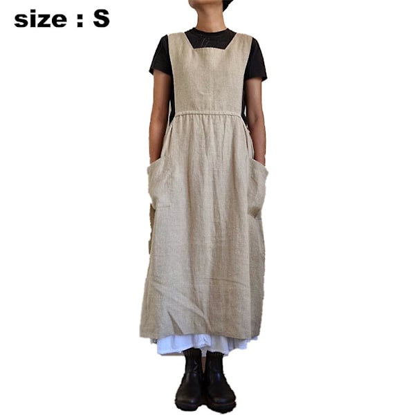 Dame Kjole Afslappet Løs Ensfarvet Forklæde Lange Stropper Bomuld Hør Overalls Kjoler Med Lommer, beige beige S