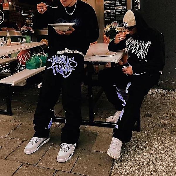 Minus Two Cargo Y2k Herr 2023 Joggingbyxor, Y2k Jeans, Baggy Hiphop Cargobyxor, Harajuku Denim Svart Print Lös Rak purple L