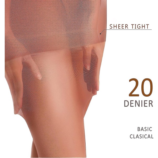 3 par Tummy Control Tights för kvinnor, svart, hudfärgad, 20 Denier Control Top Sexy Brown M