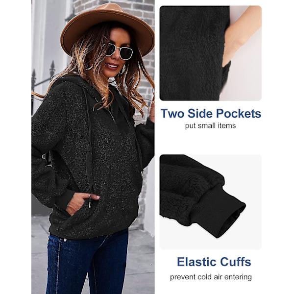 Baggy, fluffy pullover-hettegenser for kvinner med 1/4 glidelås og snøring for en koselig vinterlook