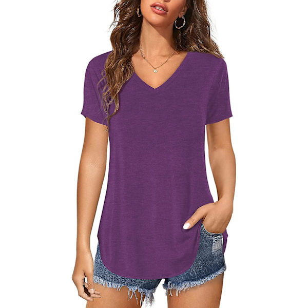 Dame Casual Tunika Toppe Kort/Langærmet V-hals T-shirts Enfarvet Basic Longline