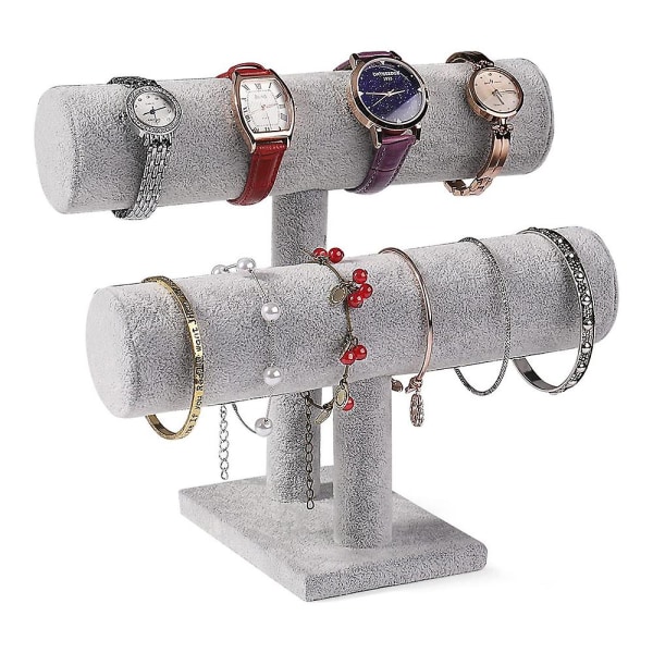 Sammets smyckesställ i sammet, smyckeshållare, klockhållare, armbandskedjor, ställ för armband, displaystång, T-stång, 2 rullar Light grey