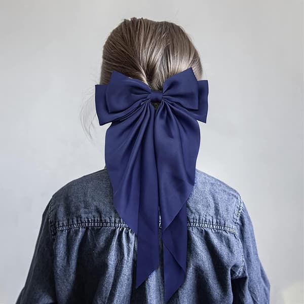 2-pack stora rosett hårklämmor, enfärgade rosett hårnålar, fransk spänne med lång silkeslen navy blue