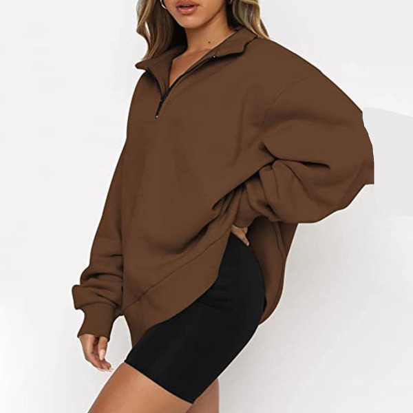 Dame Oversized Halvzip Trøje med Lange Ærmer - Efterårssweatshirt - Kvartzip Trendy Hoodie Outfits til Teenagere m0 coffee X Large