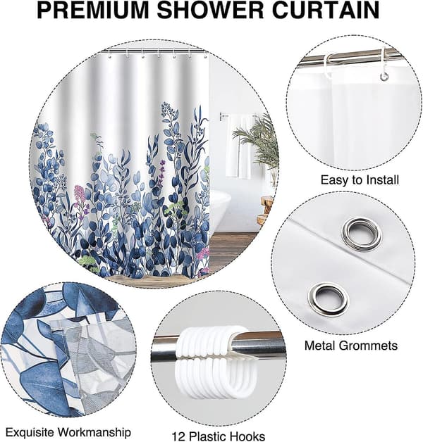 Dusjforheng, baderomsdusjforheng med 12 kroker, vanntett polyester Blue Eucalyptus