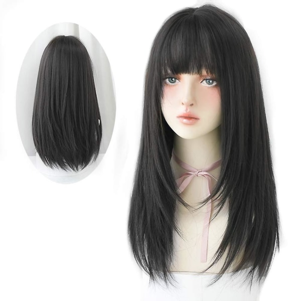 Långt svart rakt hår peruk med lugg Syntet högt långt hår peruk för kvinnor
