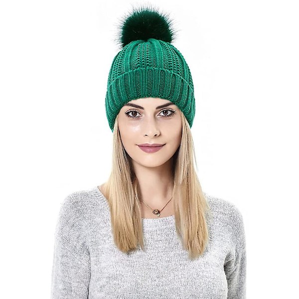 Stickad mössa för kvinnor med satin innerfoder Pom Pom vinter varm mössa Bobble Hat