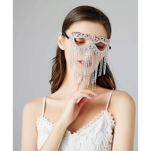 Rhinestone Cat Eye Fringe Maskerad Mardi Gras Mask Med Satängband Bak
