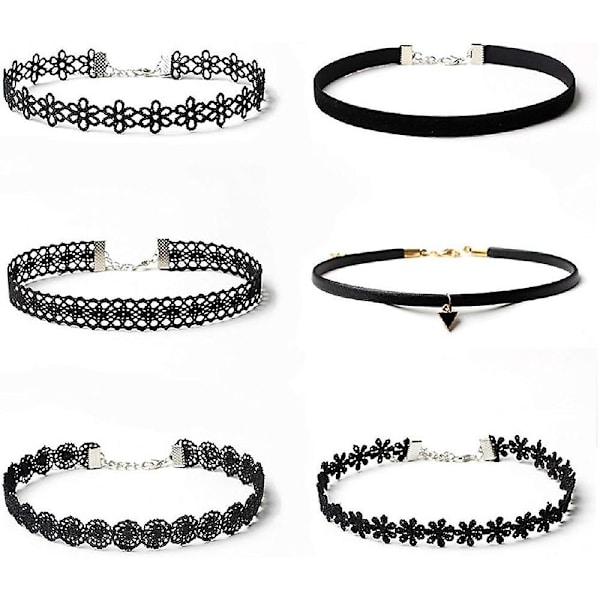 6 stk. Halskæder Sort Fløjl Choker Sæt Klassisk Gotisk Tattoo Blonde Chokers