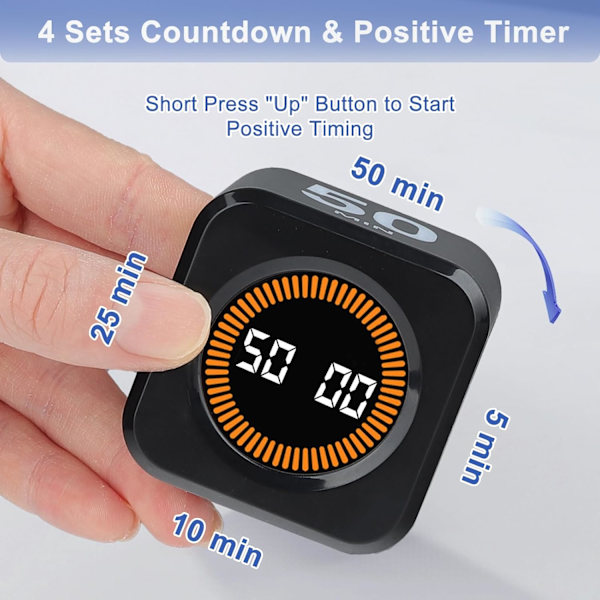 Cube Visuel Timer, Rotations Pomodoro Timer, 5/10/25/50 Minutter og Brugerdefineret Nedtælling, Tilpasselig Tidsopbevaring, Lydløs og Ringetilstand blackone