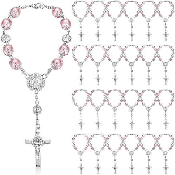 24 Stykker Dåbs Rosenkrans Pink Glas Rosenkrans Perler Finger Dåbs Rosenkranse Imiterede Perler til Dåbsgaver Barnedåb