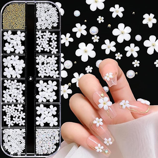 3d Blomspik Nail Art Charms Vita Blommor Nail Rhinestones Kit 3d Kristall Nail Pärlor Flat Design Akryl Nail Art