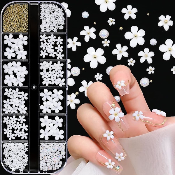 3d Flower Nail Art Charms Vita Blommor Nail Rhinestones Kit 3d Crystal Nail Pärlor Platt Design Akryl Nail Art