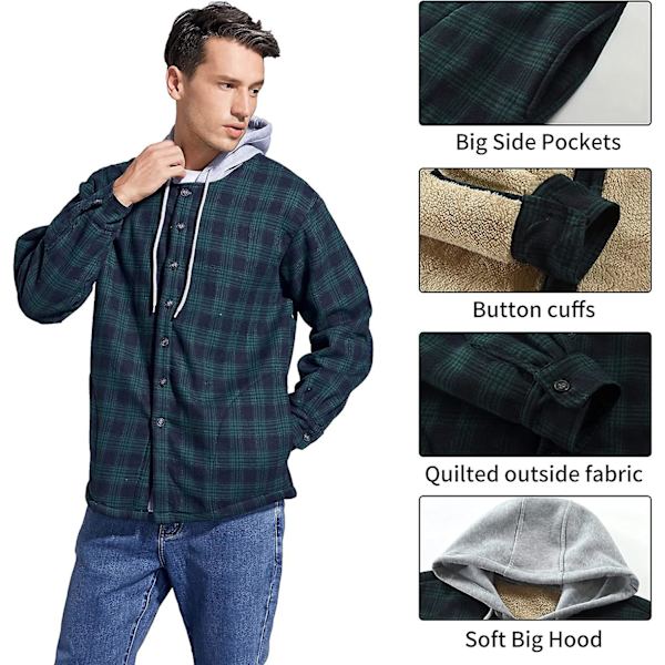 Rutete bomullsjakke for menn, fleeceforet flanellskjorte, Sherpa-jakke med knapper og hette for menn green XL
