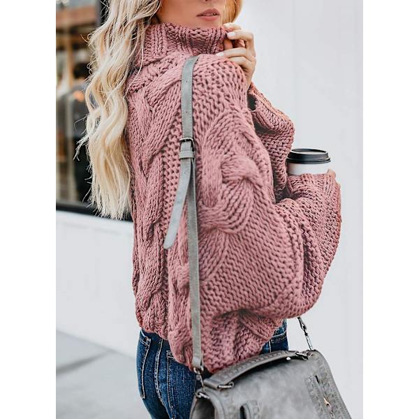 Kabelstrikket turtleneck-genser for kvinner, avslappet tykk langermet topp pullover