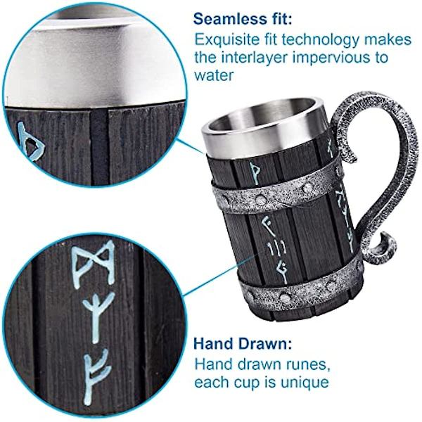 Rune Ølglass Mugge Rustfritt Stål Tre Resin 3d Norrøn Dekor Kaffe Kul Gotisk Ølseidel Stein Kopp Krus