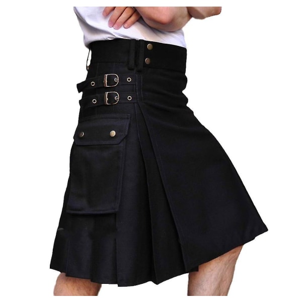 Högkvalitativ mode för män Cool Pocket Kilts Enfärgad Gothic Kilt Vintage Warrior Cargo Kilt Metallbälte Plisserad kjol Black M