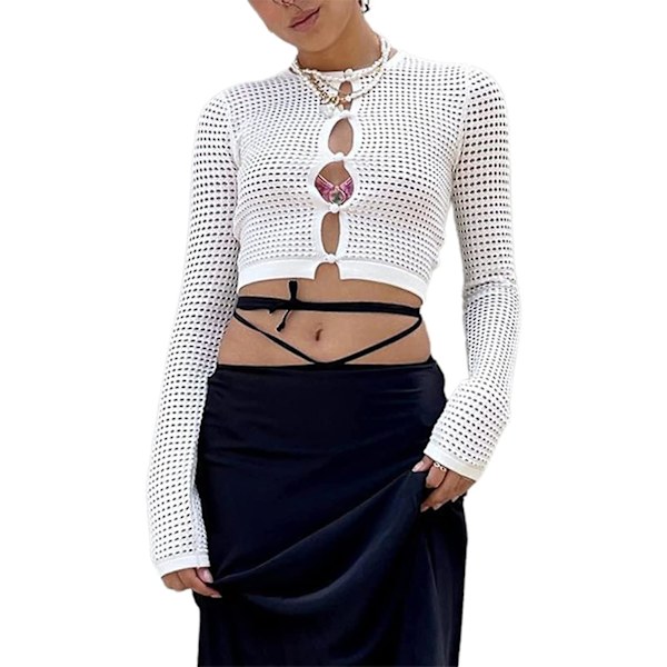 Dame Hul Ud Hæklet Strik Trøje Crop Tops Langærmet Trøje Cropped Style 9 M