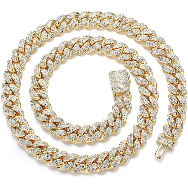 12mm Iced Out Cuban Link Chain - 18k äkta guld silverpläterad Miami Cuban Halsband Smycken, Hip Hop Diamantkedja Armband Halsband för män