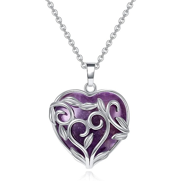Naturlig ametist kristall sten hjärta hänge halsband reiki healing silver blomma inslagen Acsergery gåva