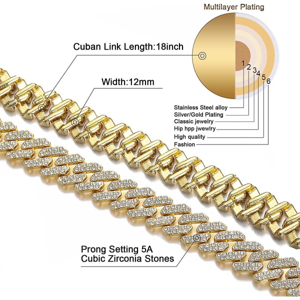 Miesten Miami Cuban Link -kaulakoru, 12 mm timanttikiinnitteinen Cuban-ketju, 18/20/24 tuuman pituus, hip hop -koru lahjapakkauksessa