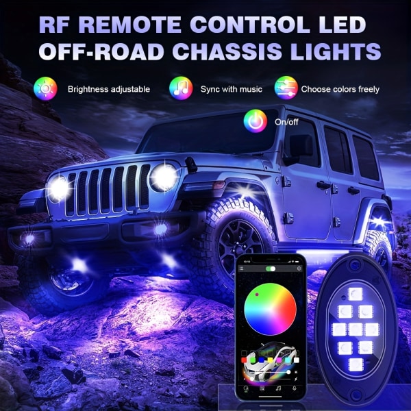Rock Lights för lastbilar, 4/6/10 Pods RGB LED Rock Lights med APP/fjärrkontroll & musikläge, för pickup Off Road Jeep RZR SUV ATV UTV bil 6 pods