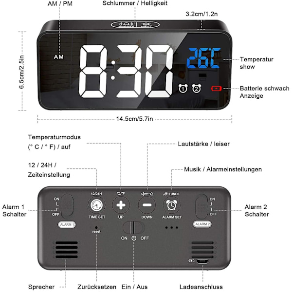 Digital väckarklocka, LED digital väckarklocka, spegelbordsur, USB-laddningsbar reseväckarklocka med dubbel alarm snooze, röststyrningsfunktion,