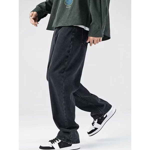 Baggy jeans för män Y2k jeans vintage jeansbyxor med raka ben Tonåring pojkar Streetwear Hip Hop jeans Black S