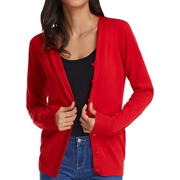Kvinnors långärmad Button Down Vee Neck klassisk tröja stickad cardigan L