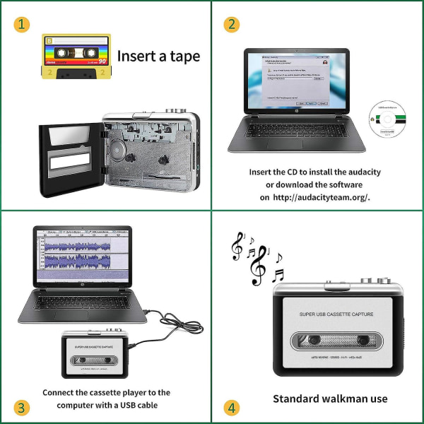 Kassettspelare - Bärbar bandspelare fångar mp3-ljudmusik via USB - kompatibel med bärbara datorer och persondatorer - Konvertera Walkman-bandkassett