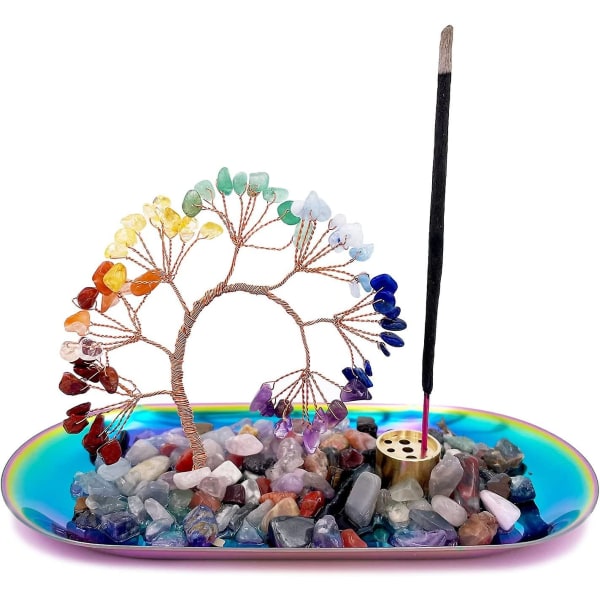 Kristall rökelsehållare för pinnar med askfångarbricka Färgglad Chakra Healing Crystal Tree Lucky Money Tree För Meditation, Yoga, Heminredning (färg