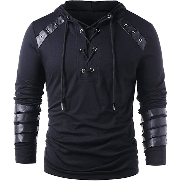 Herre Gotisk Steampunk Snøre Hættetrøje Middelalder Ridder Langærmet Syning Læder Rustning Sweatshirt Pullover Sort Black L