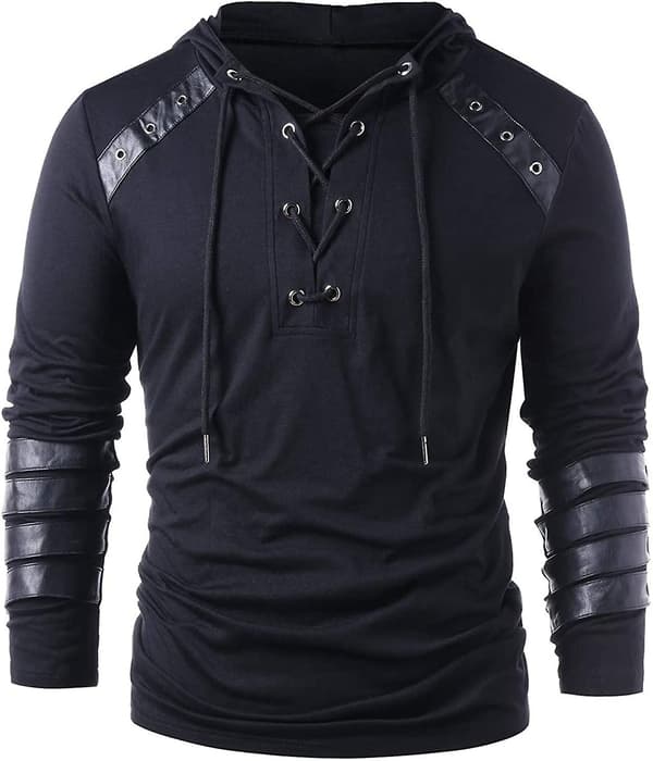 Herre Gotisk Steampunk Snøring Hettegenser Middelalder Ridder Langermet Søm Lær Rustning Genser Pullover Svart Black L