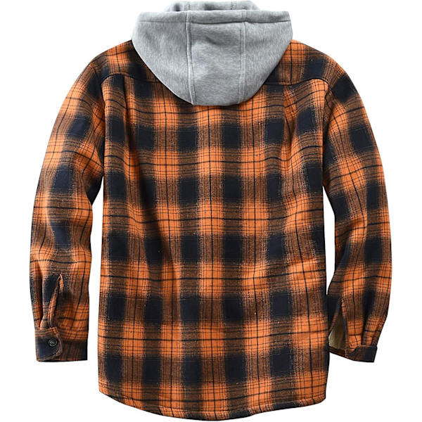 Rutete bomullsjakke for menn, fleeceforet flanellskjorte, Sherpa-jakke med knapper og hette for menn orange M