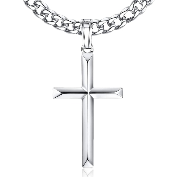 Cross Halsband Kedja 925 Sterling Silver Högpolerad fasad kant Croix hänge med diamantslipad kubansk kedja halssmycken 46-76cm (18-30")