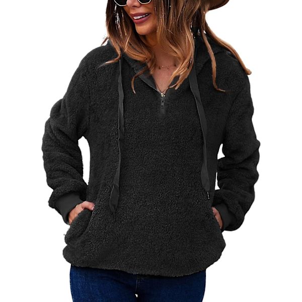 Baggy, fluffy pullover-hettegenser for kvinner med 1/4 glidelås og snøring for en koselig vinterlook