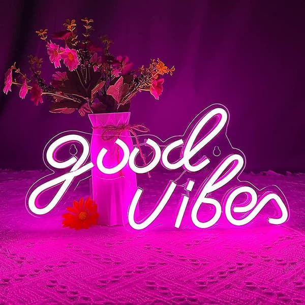 Rosa \"Good Vibes\" Neonskylt - Neonljus för sovrum, LED Neonskyltar för väggdekor