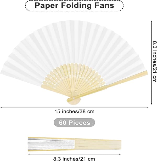60 st pappersvikbara fläktar bambu handhållna fläktar papper vikta fläktar för bröllopsgåva, festgåvor, diy, heminredning, vit