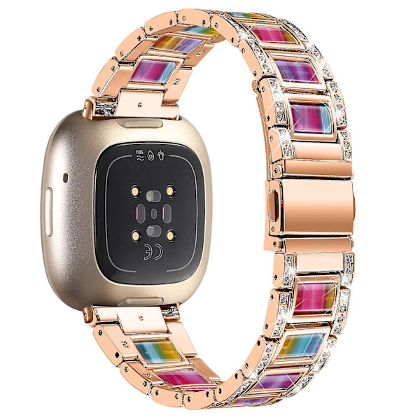 För Fitbit Versa 4/Sense 2 Resin Watch Strap i rostfritt stål med strassdekor Rose Gold Rainbow