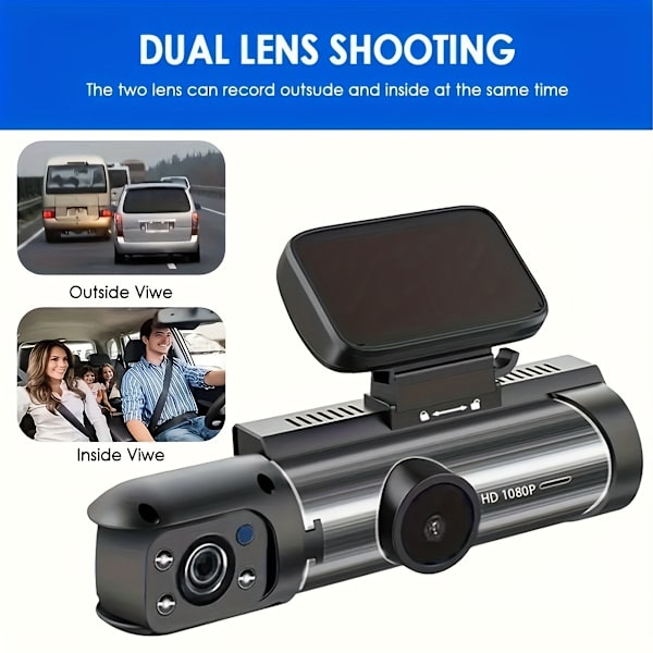 1080P dobbelt kamera, Dash Cam til biler, Foran og Indvendigt, bilkamera med IR Night Vision, Loop Recording