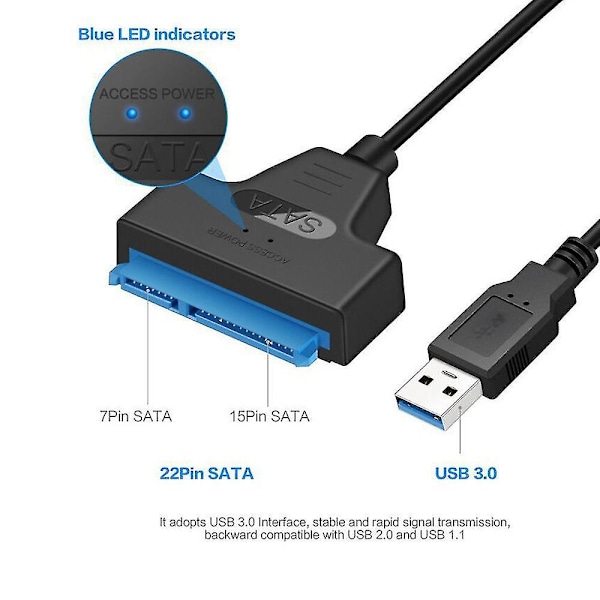 USB 3.0 til SATA III harddiskadapterkabel med LED-lys, datamaskin harddisk tilkoblingskabel for 2.5in Solid State Drives & Hard Disk Drive