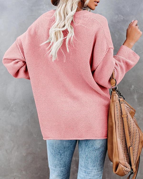 Oversized V-hals Knap Henley Toppe Dame Batwing Lange Ærmer Løs Jumper, Perfekt Til Vinter