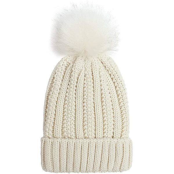 Stickad mössa för kvinnor med satin innerfoder Pom Pom vinter varm mössa Bobble Hat