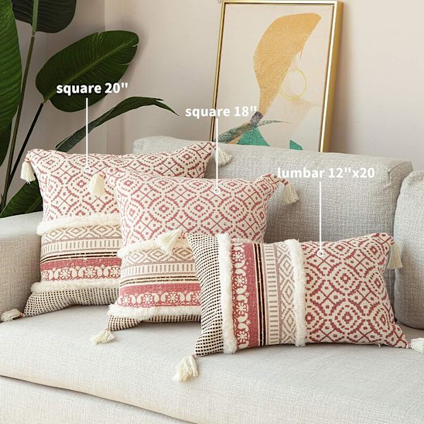 Boho Tuftade dekorativa kuddfodral för soffa - Modernt marockanskt örngott med tofsar, sovrum vardagsrum bil hotell, 18x18 tum Pink