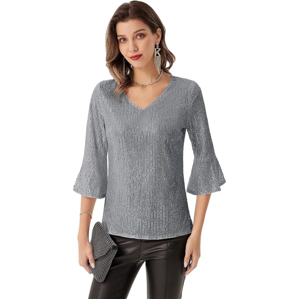 Dame Glitrende Glitter Paillet Tank Top T-shirt 3/4 Pufærme V-hals Bluse Top Grey L
