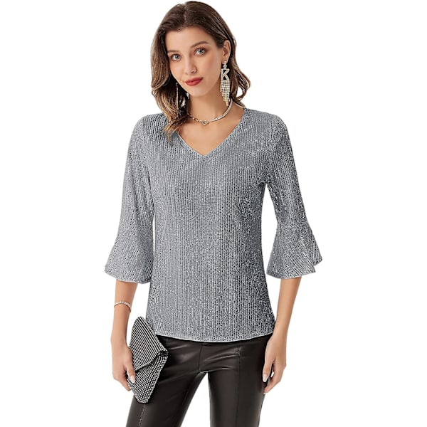 Kvinnor Glittrande Paljett Tank T-shirt 3/4 Puffärm V-ringad Blus Topp Grey L