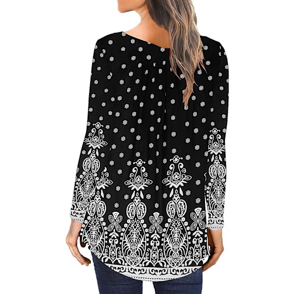 Dame Tunika Topper Ensfarget Plissert V-hals Knapper Bluse Blomstertrykte Damer Mixblue 1 M