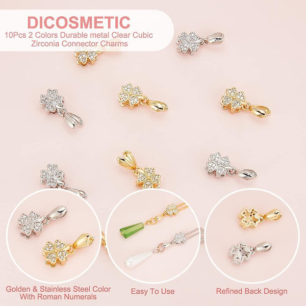 20 stk. 2 Farver Firkløver Isøkse Klemmebøjle Platin Lås Bøjle Gylden Snap On Bøjle Cubic Zirconia Klemme Clip Dingle Vedhæng Forsyninger Til St.