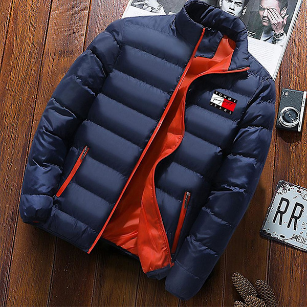 Herr Vadderad Kappa Mid-Längd Tjock Dunjacka Vinter Varm Kappa Monterad Passform Navy Blue 5XL