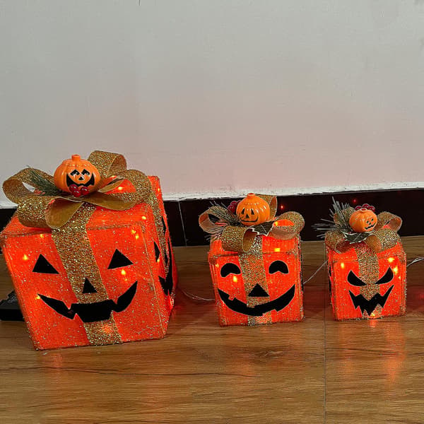 3-pack pumpadekorationer med LED-lampor batteridriven lykta presentförpackning Halloween utomhusgård